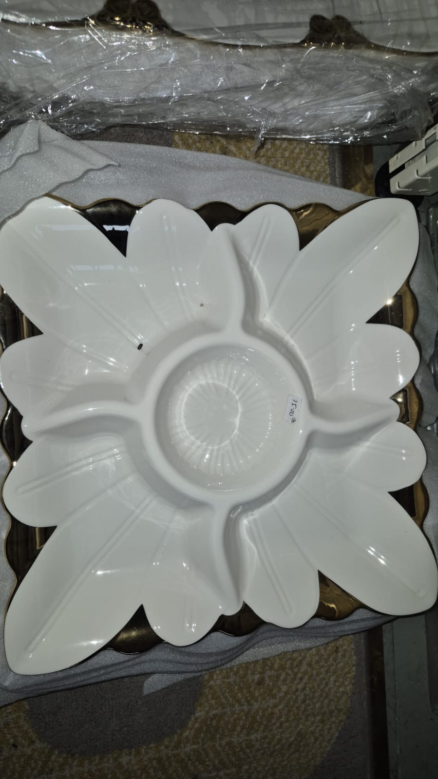 12" x 12" Ceramic Dry Food Plate — Gold‑Trimmed Design